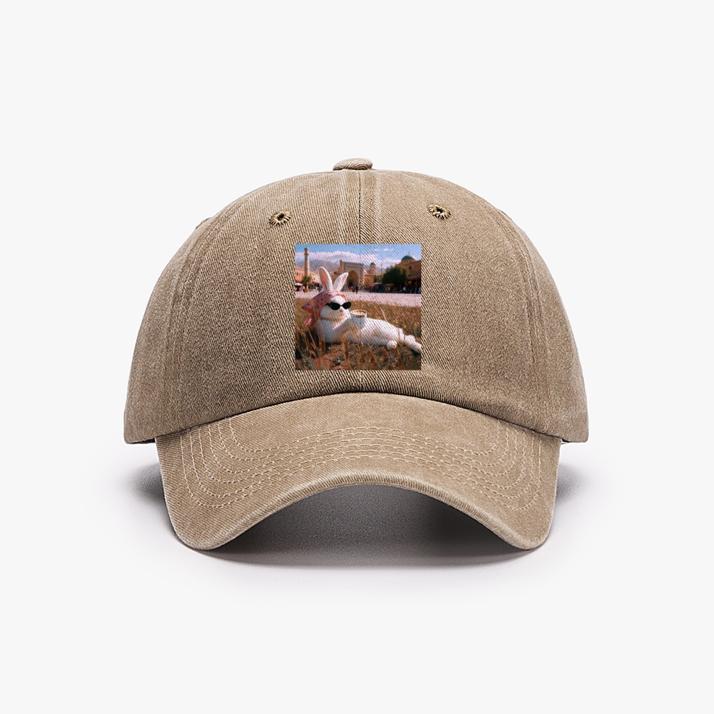 Rabbit Drinking Tea Uyghur Style Retro Washed Baseball Cap