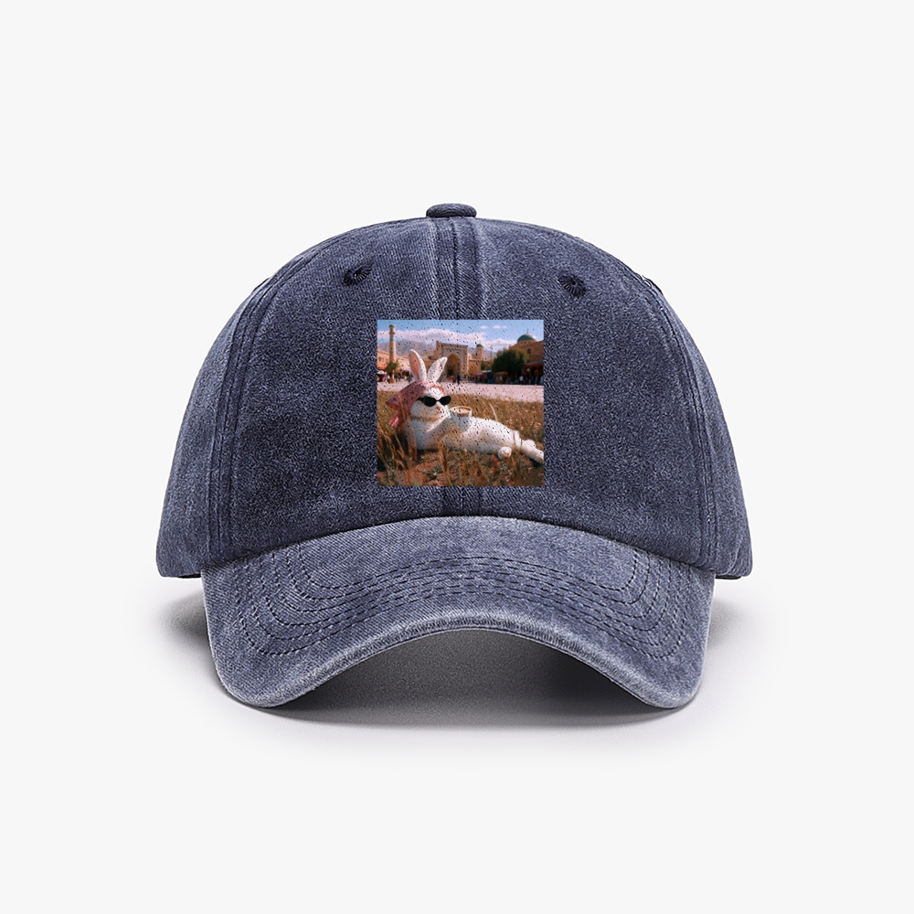 Rabbit Drinking Tea Uyghur Style Retro Washed Baseball Cap