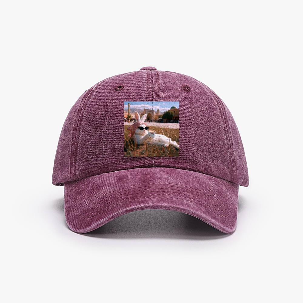 Rabbit Drinking Tea Uyghur Style Retro Washed Baseball Cap