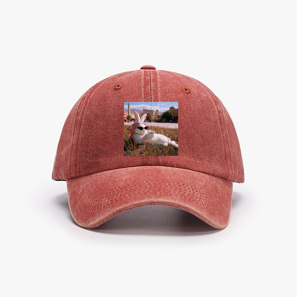 Rabbit Drinking Tea Uyghur Style Retro Washed Baseball Cap