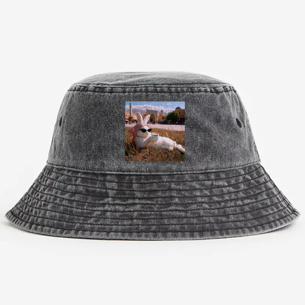 Rabbit Drinking Tea Uyghur Style Retro Washed Bucket Hat