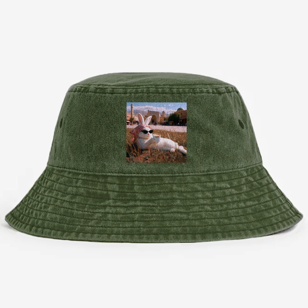 Rabbit Drinking Tea Uyghur Style Retro Washed Bucket Hat
