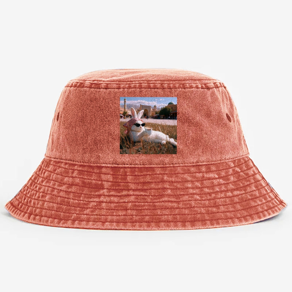 Rabbit Drinking Tea Uyghur Style Retro Washed Bucket Hat