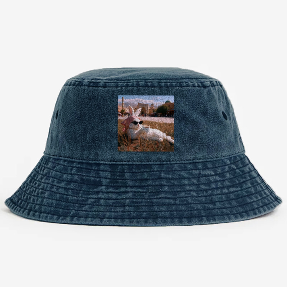 Rabbit Drinking Tea Uyghur Style Retro Washed Bucket Hat