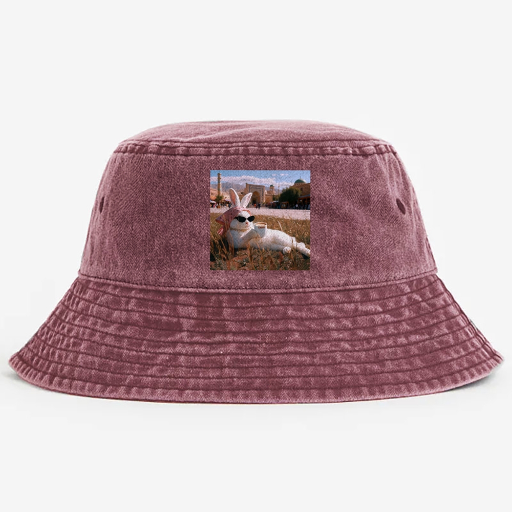 Rabbit Drinking Tea Uyghur Style Retro Washed Bucket Hat