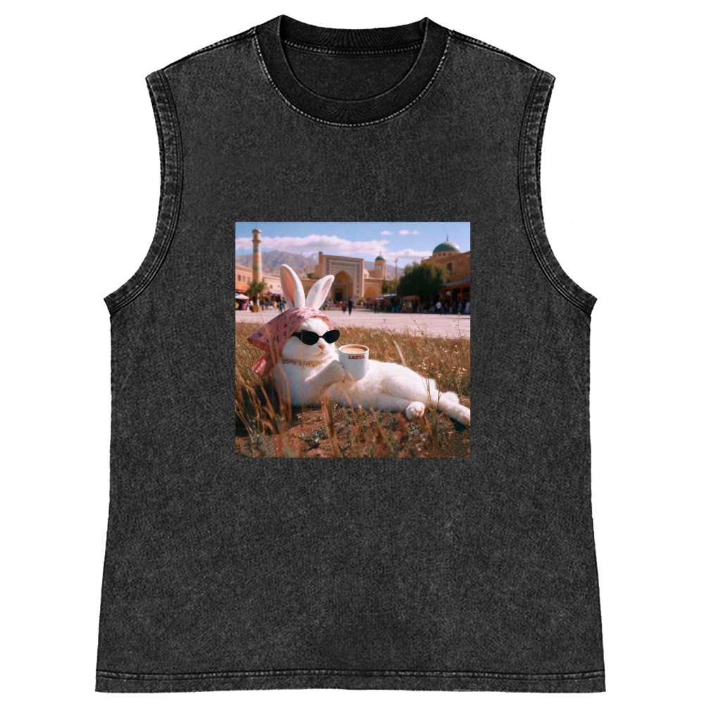 Rabbit Drinking Tea Uyghur Style Retro Washed Tank Top