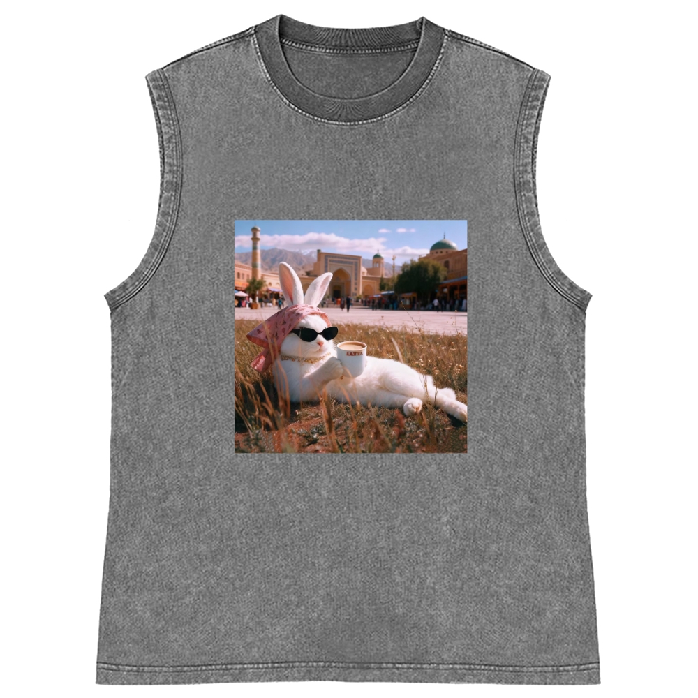 Rabbit Drinking Tea Uyghur Style Retro Washed Tank Top