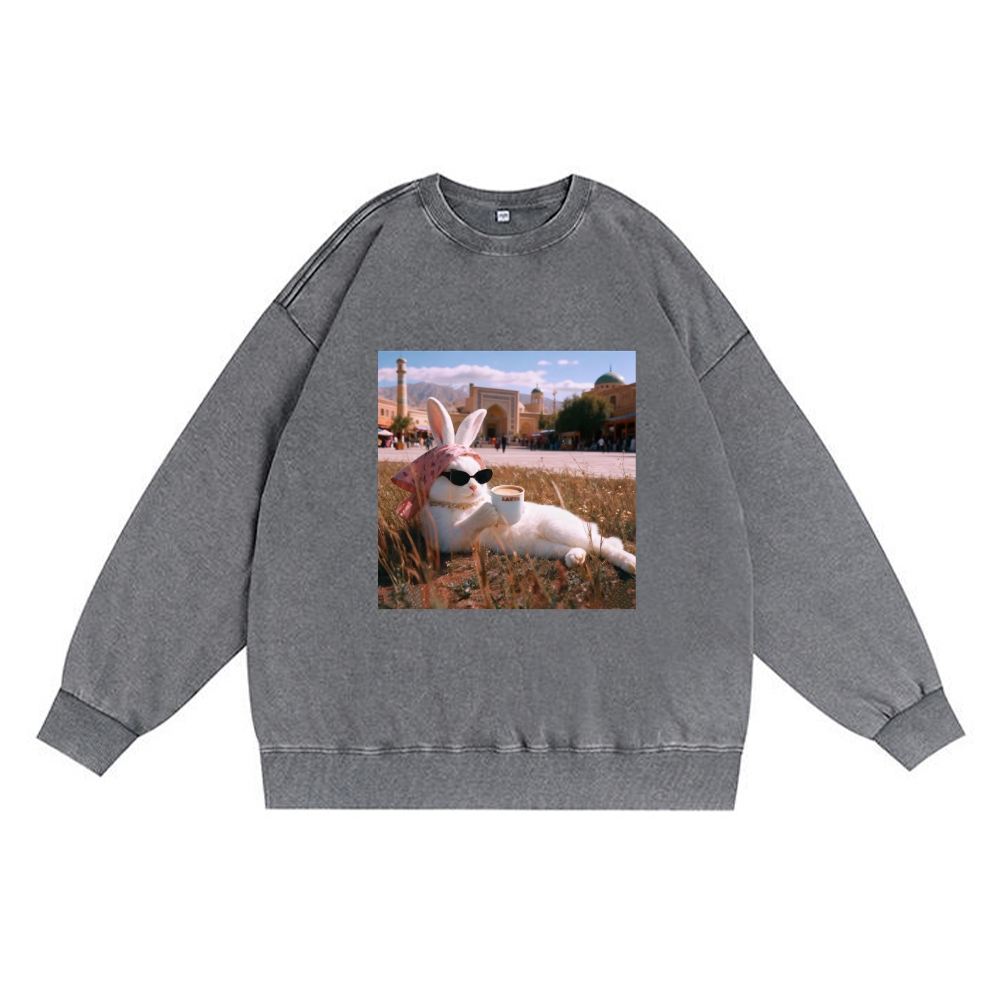 Rabbit Drinking Tea Uyghur Style Retro Premium Washed Cotton Crewneck Sweatshirt