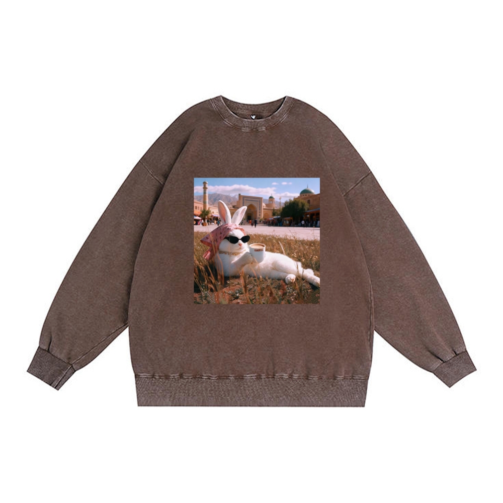 Rabbit Drinking Tea Uyghur Style Retro Premium Washed Cotton Crewneck Sweatshirt