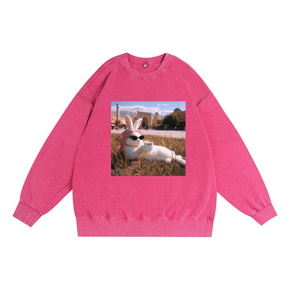 Rabbit Drinking Tea Uyghur Style Retro Premium Washed Cotton Crewneck Sweatshirt