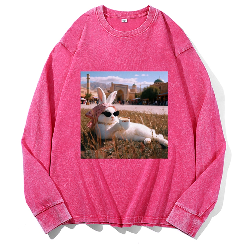 Rabbit Drinking Tea Uyghur Style Retro Washed Long Sleeve T-Shirt