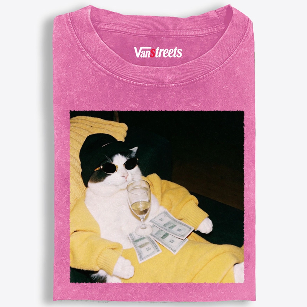 Rich Boss Cat Retro Washed T-Shirt | 100% Cotton | Streetwear Essential