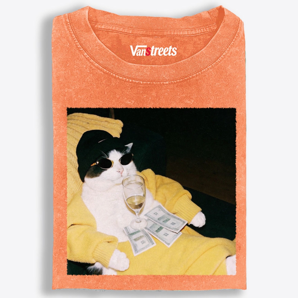 Rich Boss Cat Retro Washed T-Shirt | 100% Cotton | Streetwear Essential