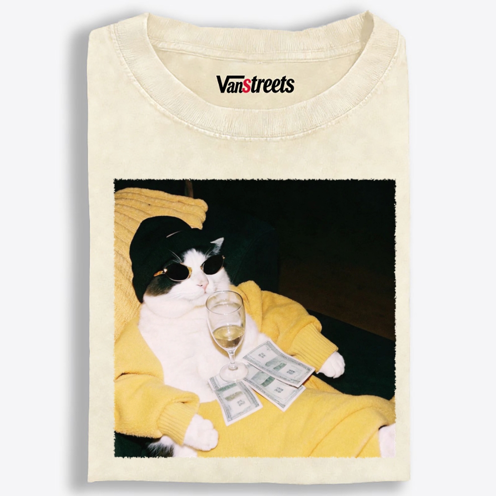 Rich Boss Cat Retro Washed T-Shirt | 100% Cotton | Streetwear Essential