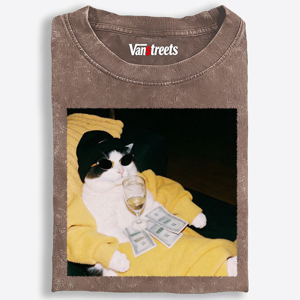 Rich Boss Cat Retro Washed T-Shirt | 100% Cotton | Streetwear Essential