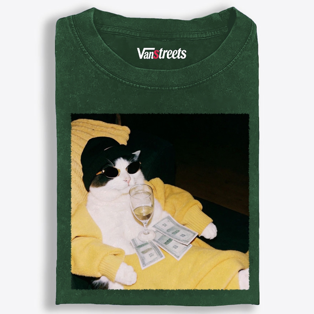 Rich Boss Cat Retro Washed T-Shirt | 100% Cotton | Streetwear Essential