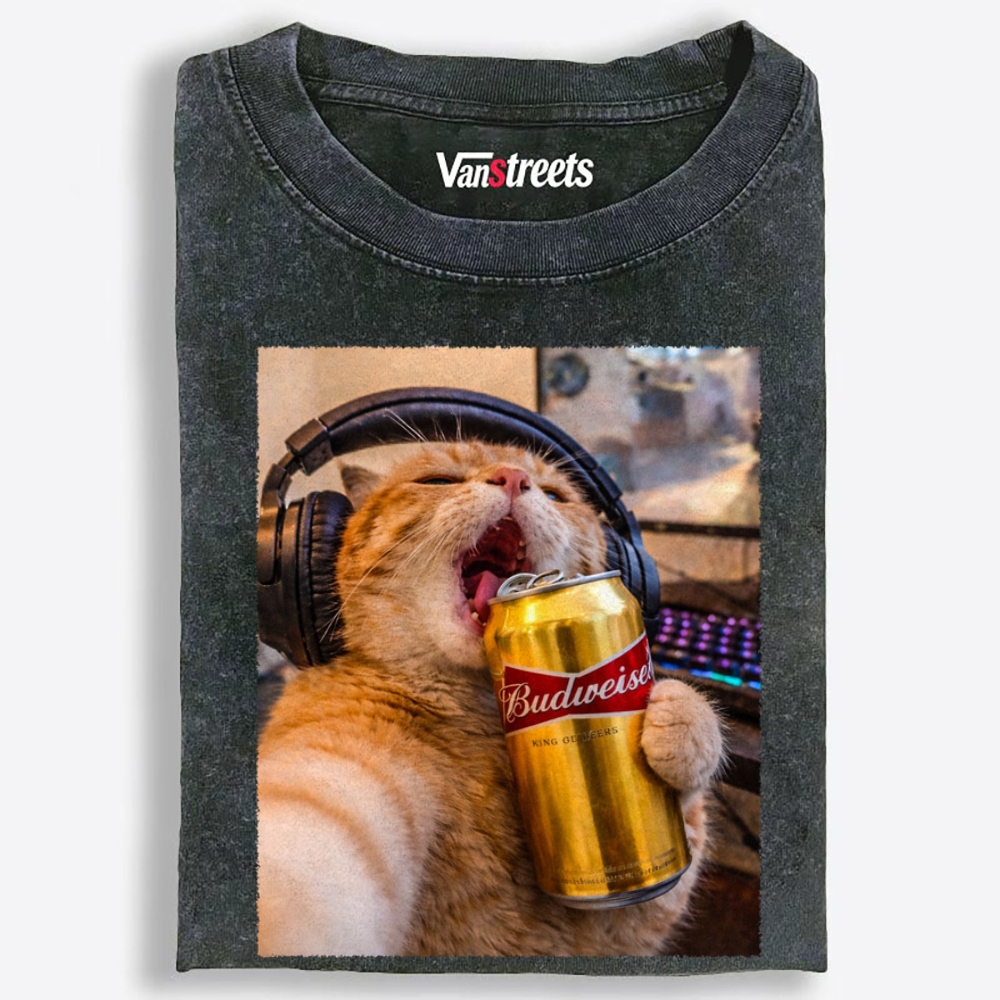 Orange Cat Beer Rock Retro Washed T-Shirt | 100% Cotton | Streetwear Essential