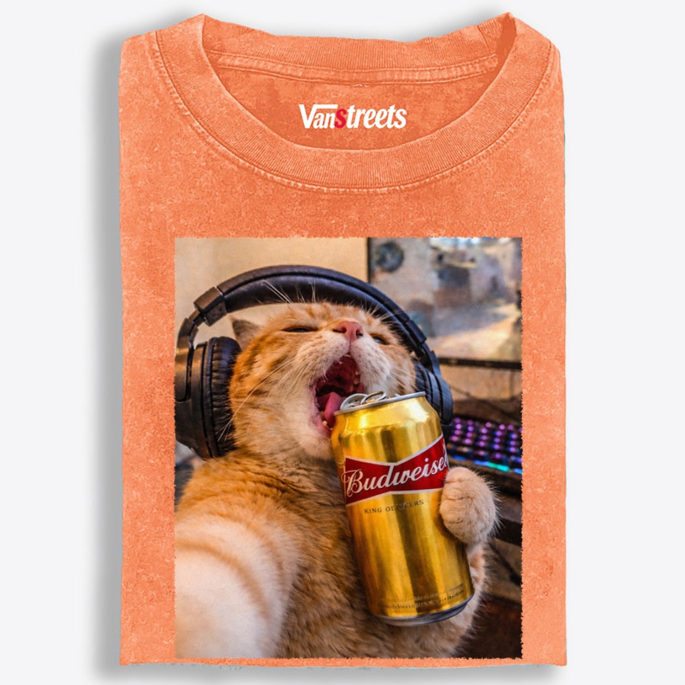Orange Cat Beer Rock Retro Washed T-Shirt | 100% Cotton | Streetwear Essential