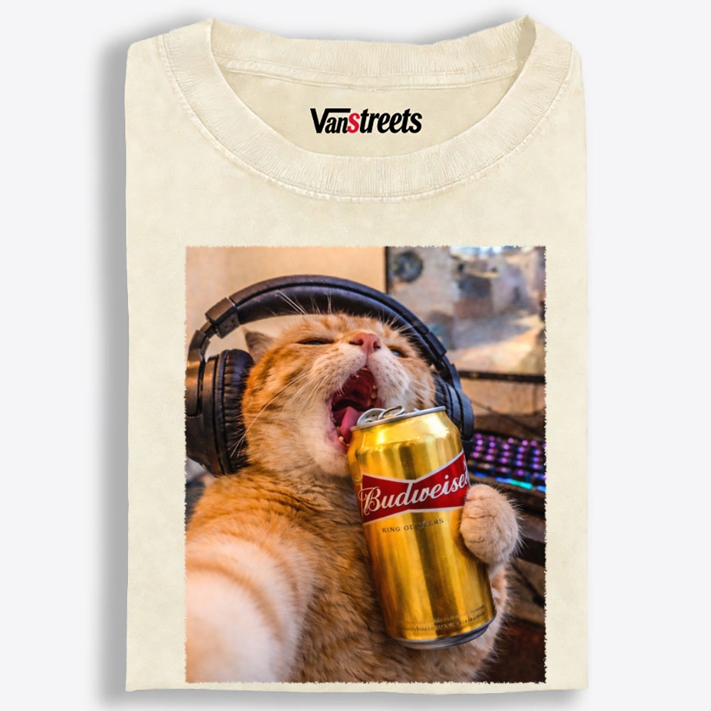 Orange Cat Beer Rock Retro Washed T-Shirt | 100% Cotton | Streetwear Essential