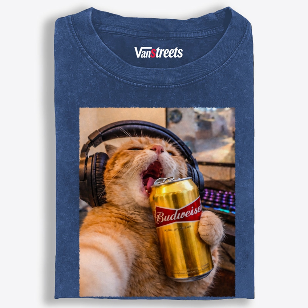 Orange Cat Beer Rock Retro Washed T-Shirt | 100% Cotton | Streetwear Essential
