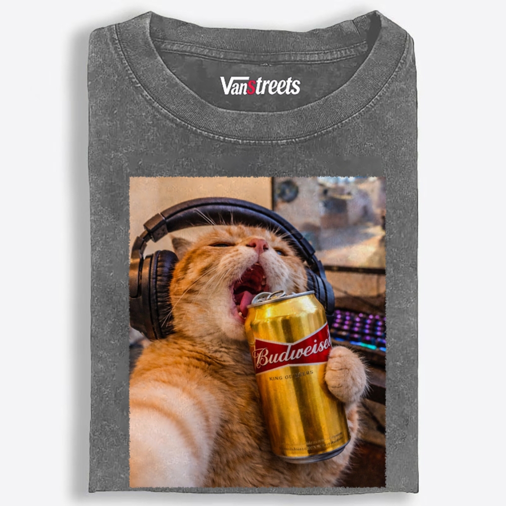 Orange Cat Beer Rock Retro Washed T-Shirt | 100% Cotton | Streetwear Essential