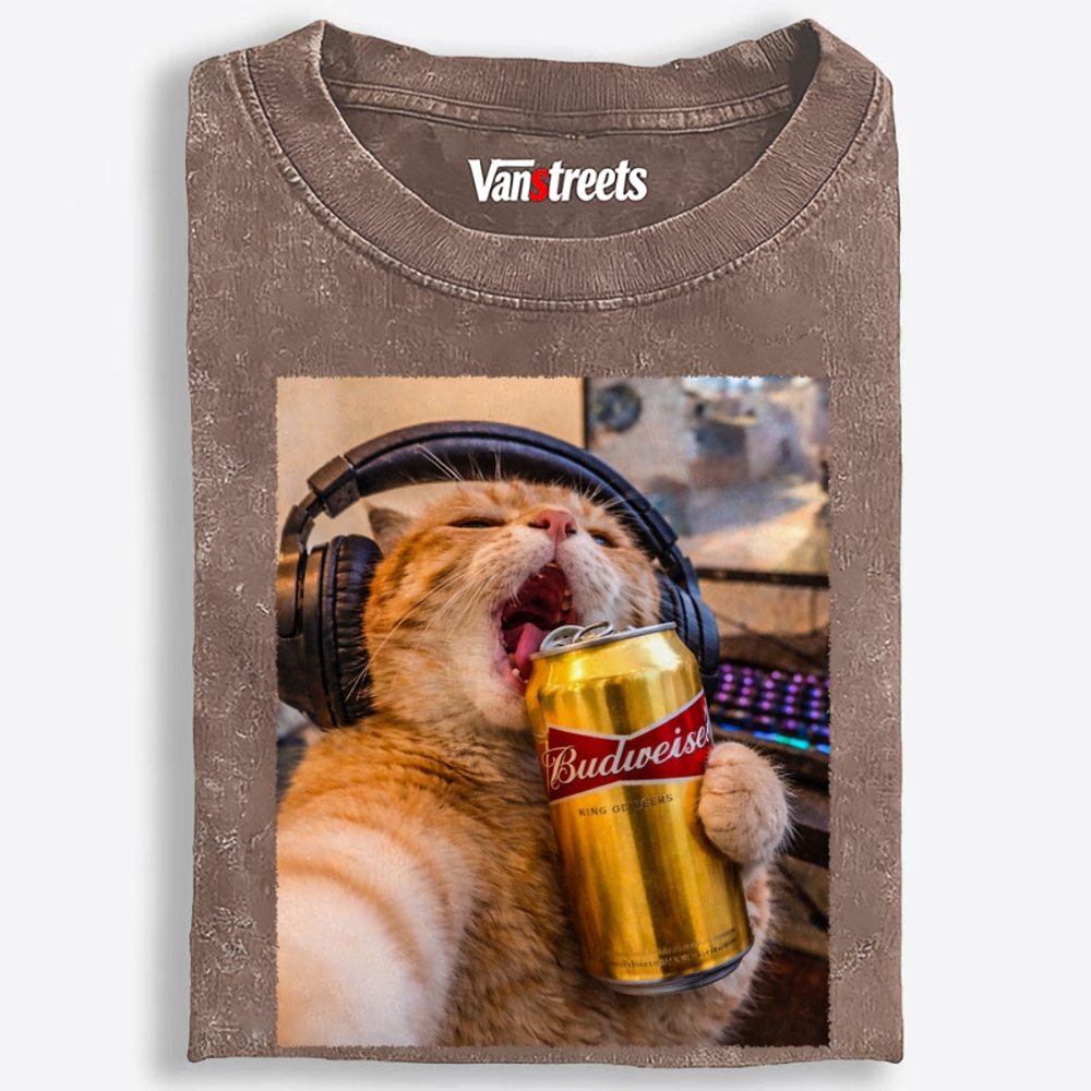 Orange Cat Beer Rock Retro Washed T-Shirt | 100% Cotton | Streetwear Essential