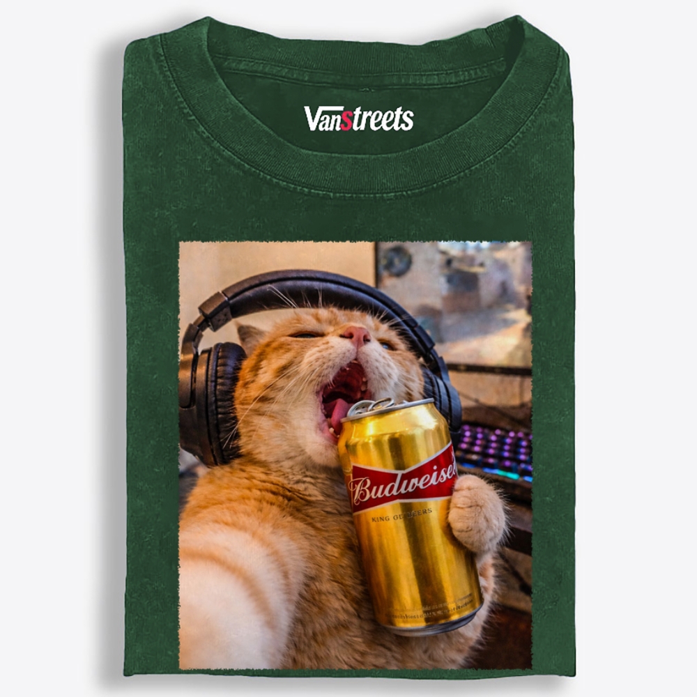 Orange Cat Beer Rock Retro Washed T-Shirt | 100% Cotton | Streetwear Essential