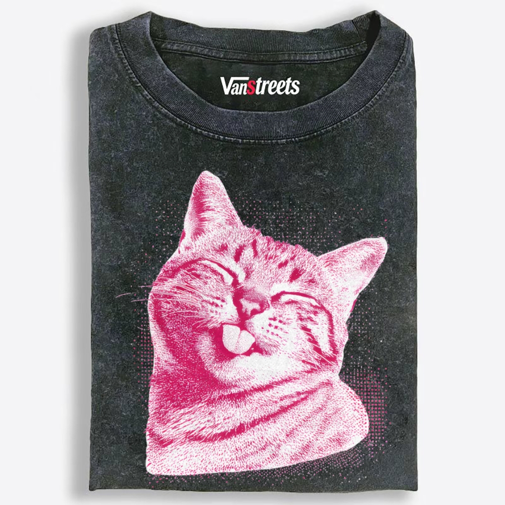 Pink Cat Blep Retro Washed T-Shirt | 100% Cotton | Streetwear Essential