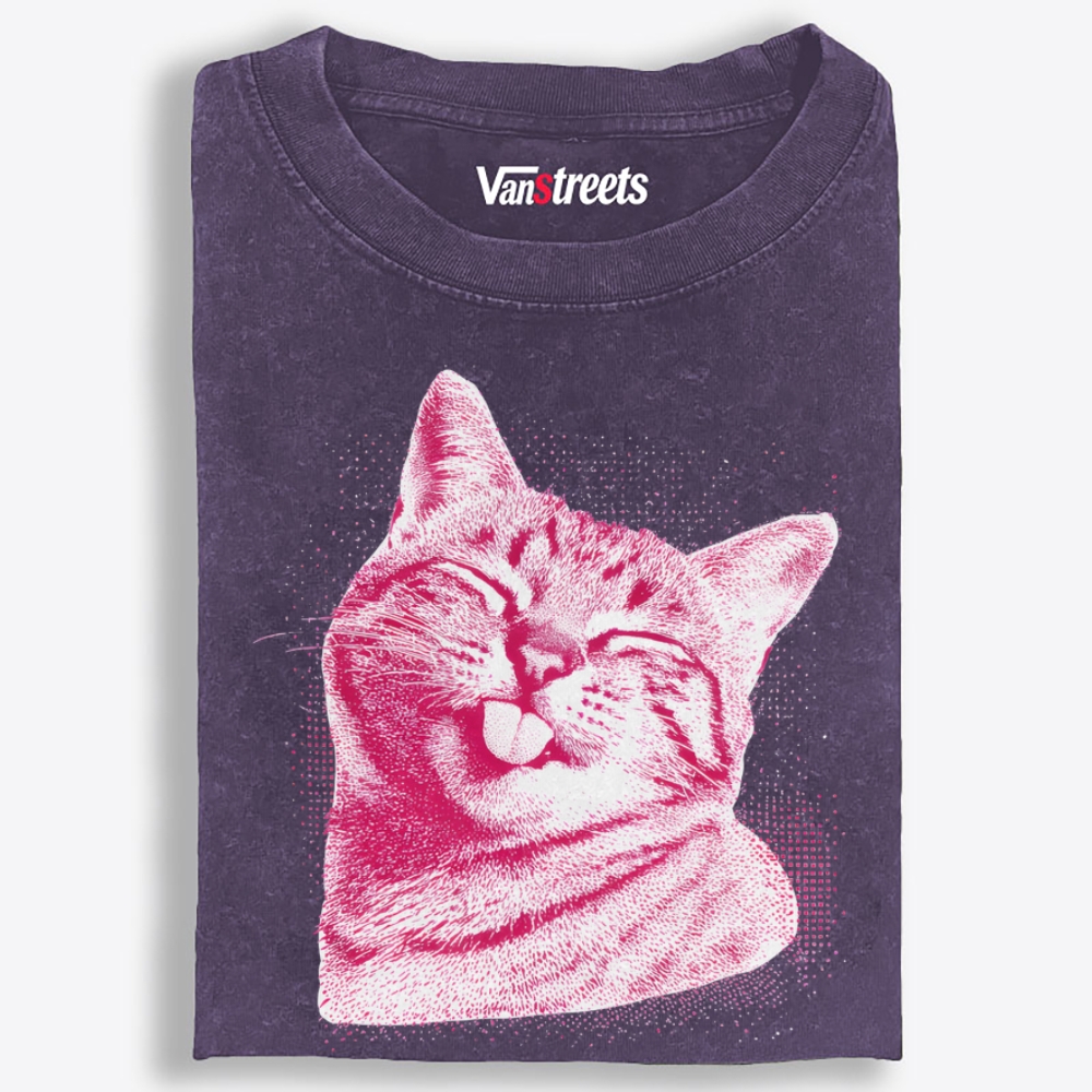 Pink Cat Blep Retro Washed T-Shirt | 100% Cotton | Streetwear Essential
