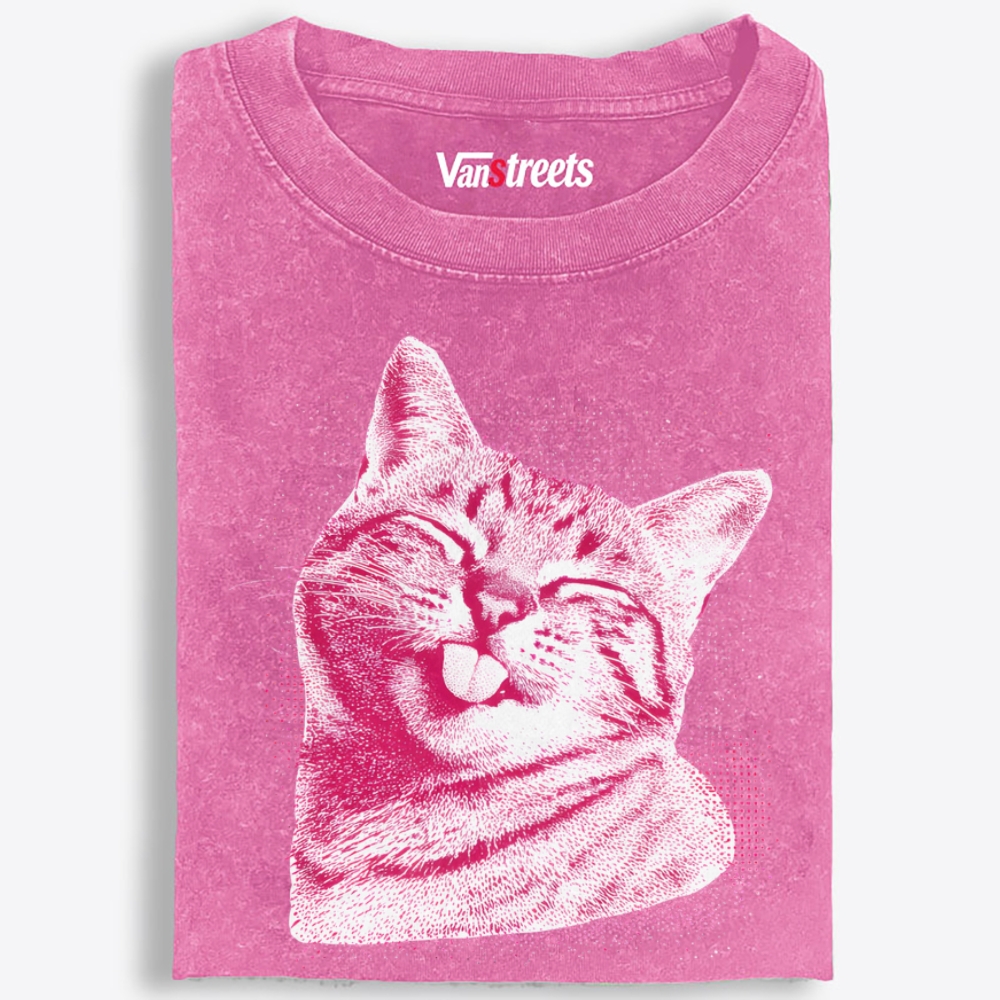 Pink Cat Blep Retro Washed T-Shirt | 100% Cotton | Streetwear Essential