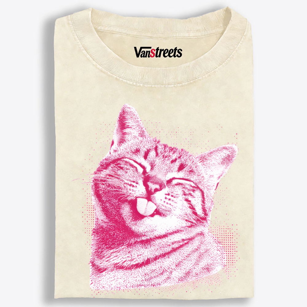 Pink Cat Blep Retro Washed T-Shirt | 100% Cotton | Streetwear Essential