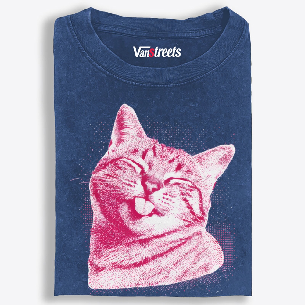 Pink Cat Blep Retro Washed T-Shirt | 100% Cotton | Streetwear Essential