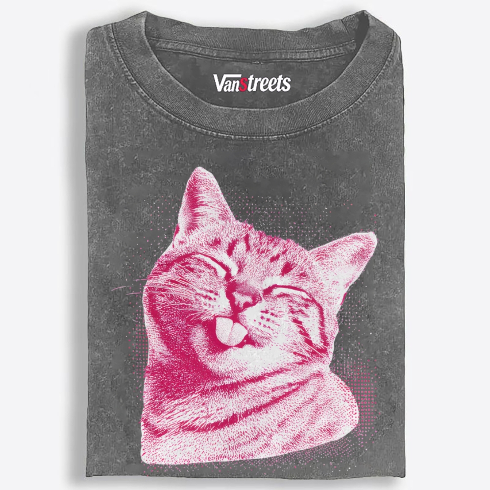 Pink Cat Blep Retro Washed T-Shirt | 100% Cotton | Streetwear Essential
