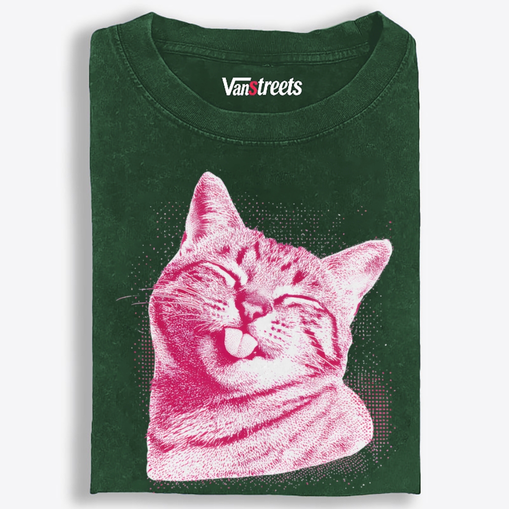 Pink Cat Blep Retro Washed T-Shirt | 100% Cotton | Streetwear Essential
