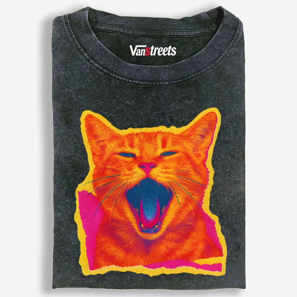 Neon Yawn Orange Cat Retro Washed T-Shirt | 100% Cotton | Streetwear Essential