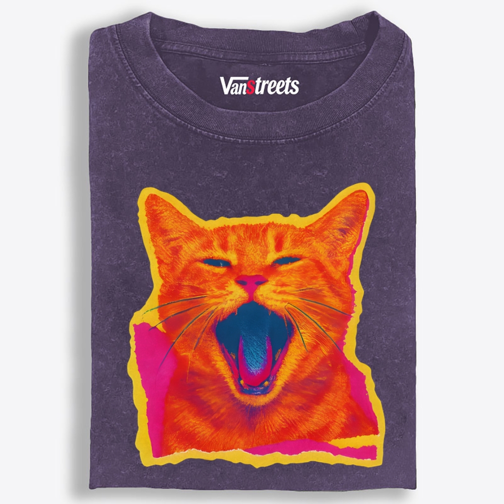 Neon Yawn Orange Cat Retro Washed T-Shirt | 100% Cotton | Streetwear Essential