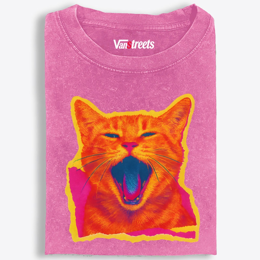 Neon Yawn Orange Cat Retro Washed T-Shirt | 100% Cotton | Streetwear Essential