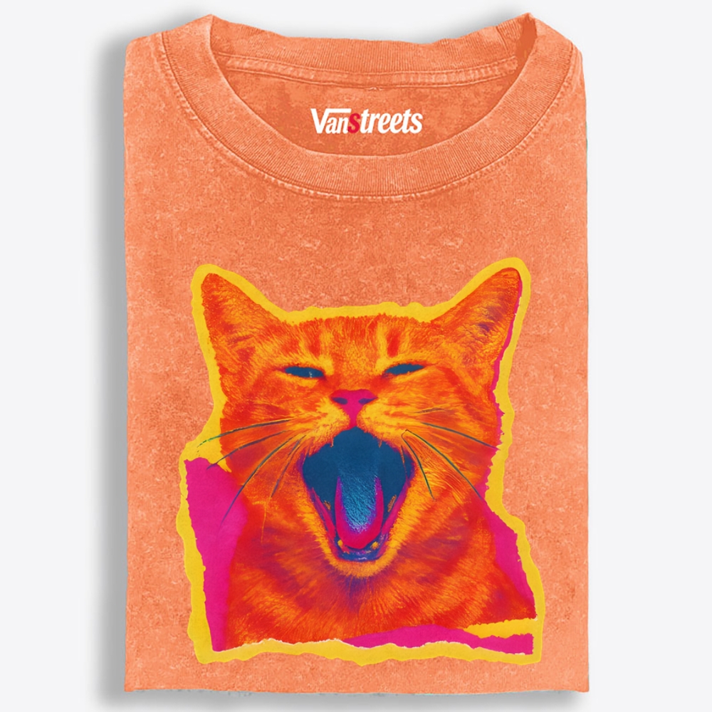 Neon Yawn Orange Cat Retro Washed T-Shirt | 100% Cotton | Streetwear Essential