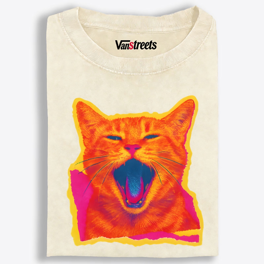 Neon Yawn Orange Cat Retro Washed T-Shirt | 100% Cotton | Streetwear Essential