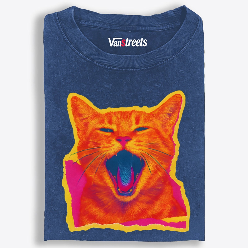 Neon Yawn Orange Cat Retro Washed T-Shirt | 100% Cotton | Streetwear Essential