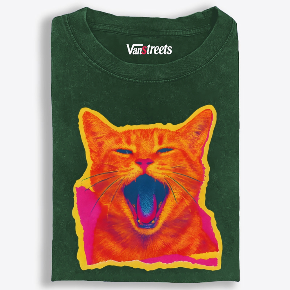 Neon Yawn Orange Cat Retro Washed T-Shirt | 100% Cotton | Streetwear Essential