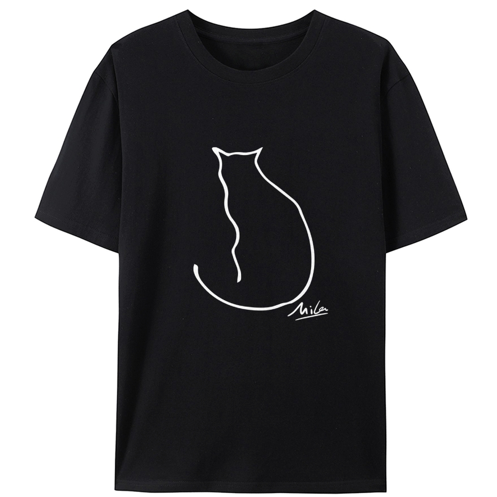 Minimalist Line Art Cat Signature Retro Designed for Women - Slim Fit Cotton Tee