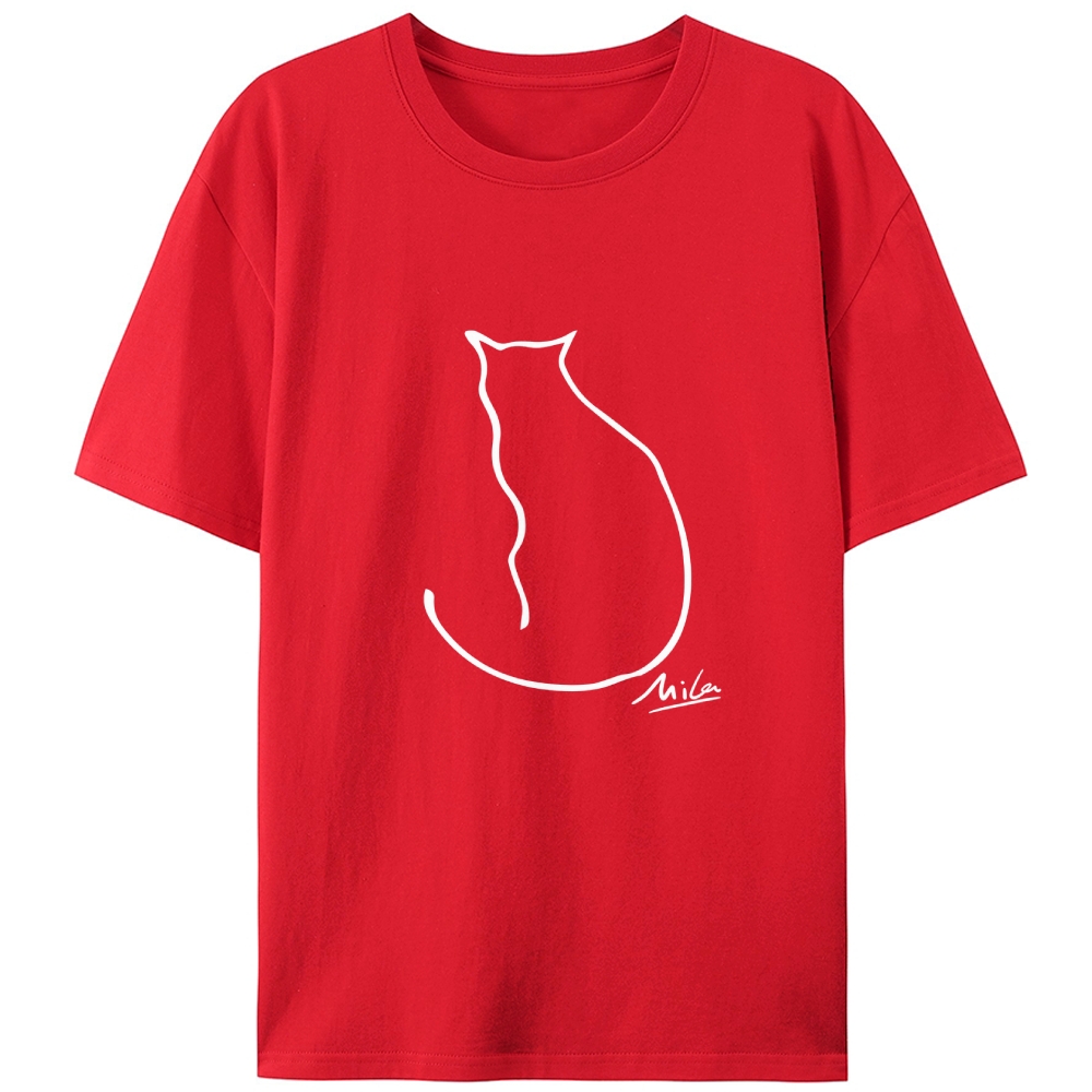 Minimalist Line Art Cat Signature Retro Designed for Women - Slim Fit Cotton Tee
