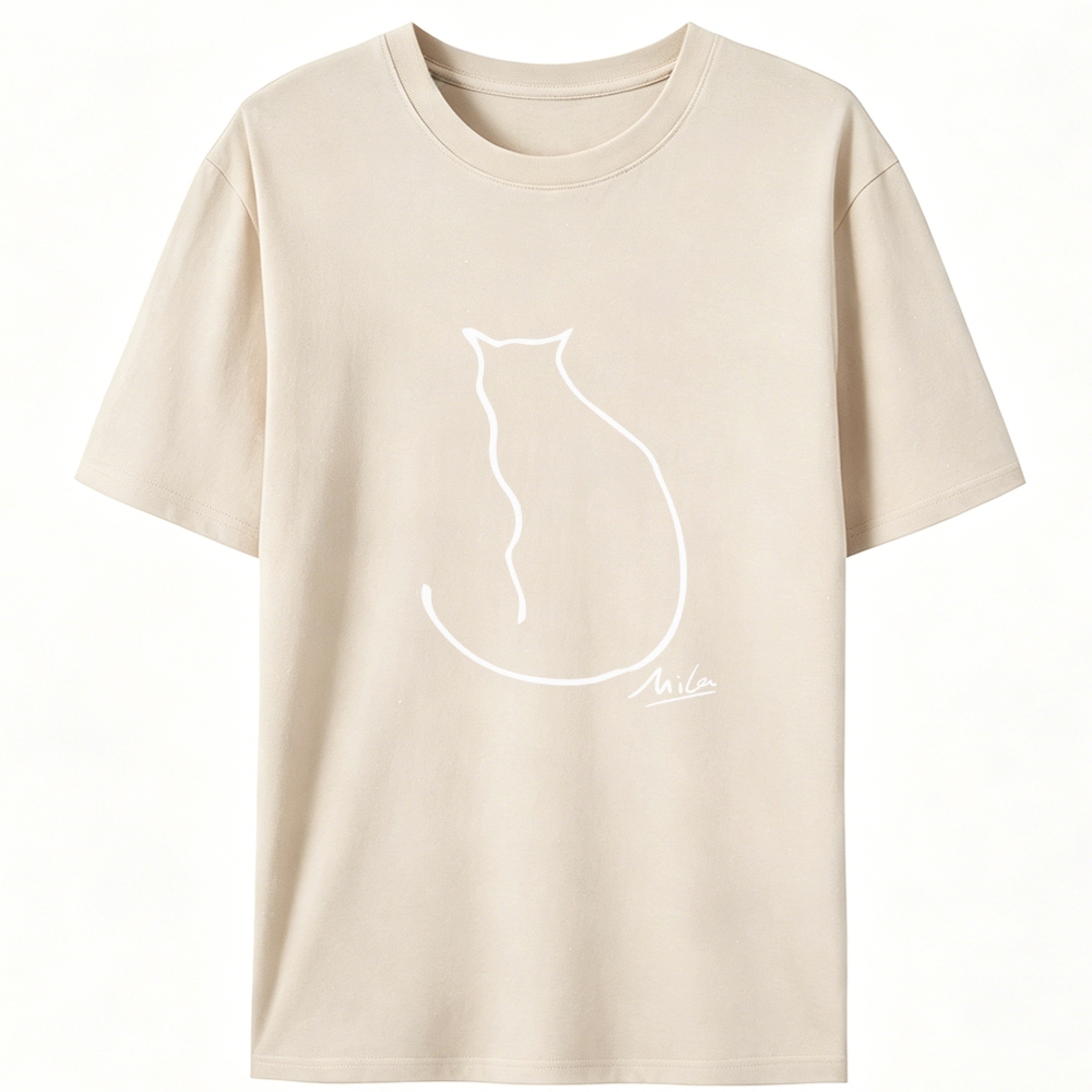 Minimalist Line Art Cat Signature Retro Designed for Women - Slim Fit Cotton Tee