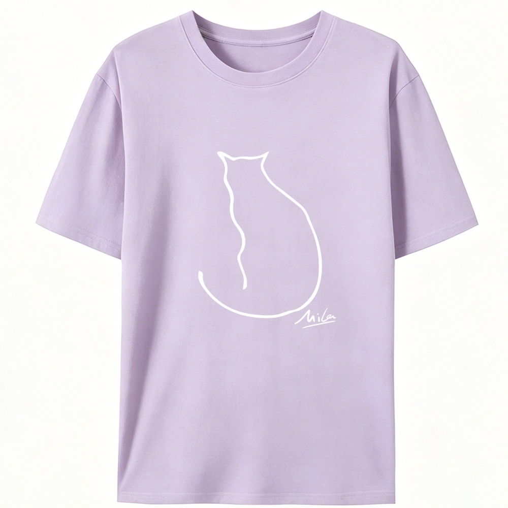 Minimalist Line Art Cat Signature Retro Designed for Women - Slim Fit Cotton Tee