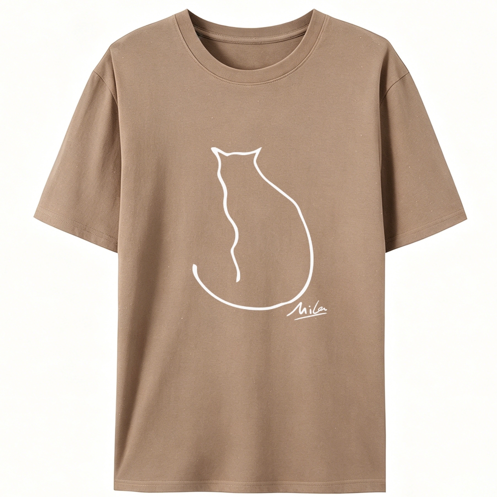 Minimalist Line Art Cat Signature Retro Designed for Women - Slim Fit Cotton Tee