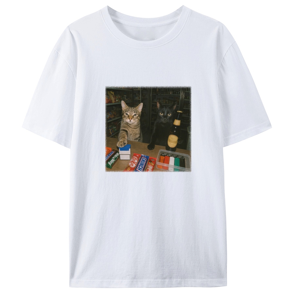 Vintage Mood Cat Illustration Retro Designed for Women - Slim Fit Cotton Tee