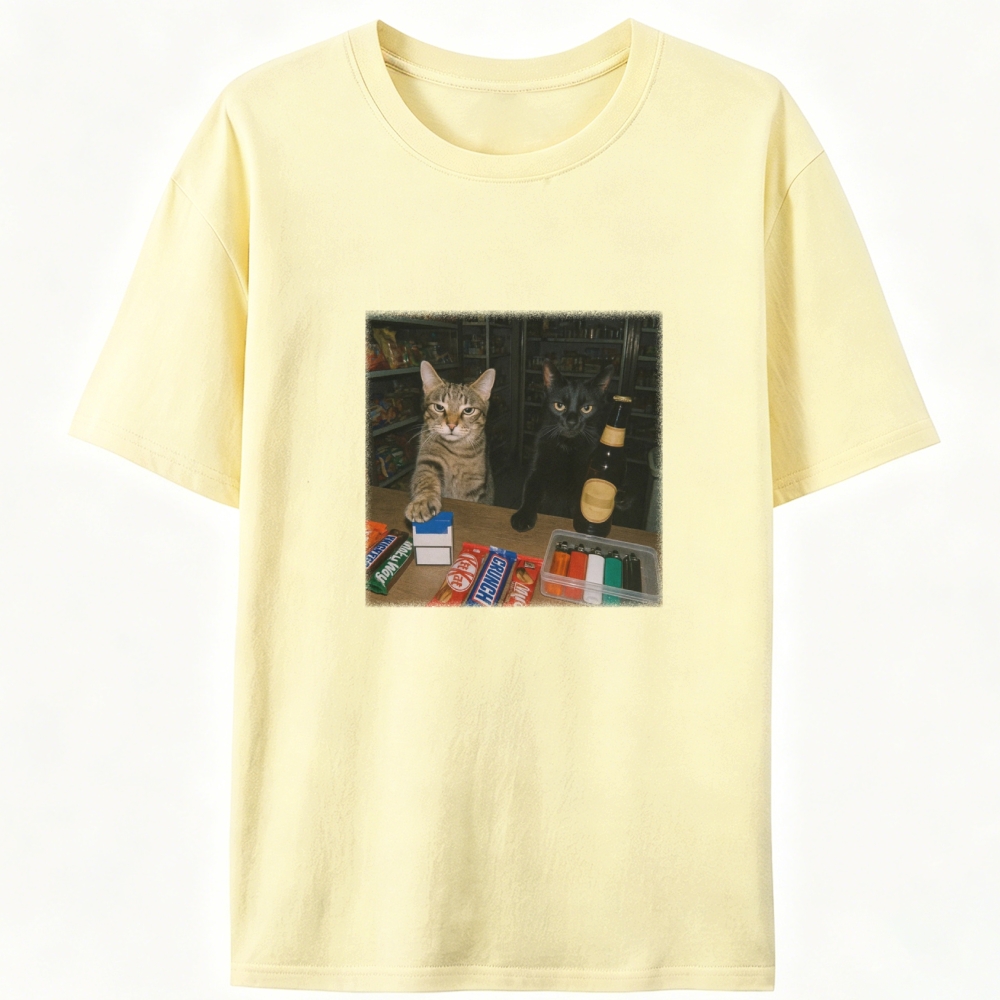 Vintage Mood Cat Illustration Retro Designed for Women - Slim Fit Cotton Tee