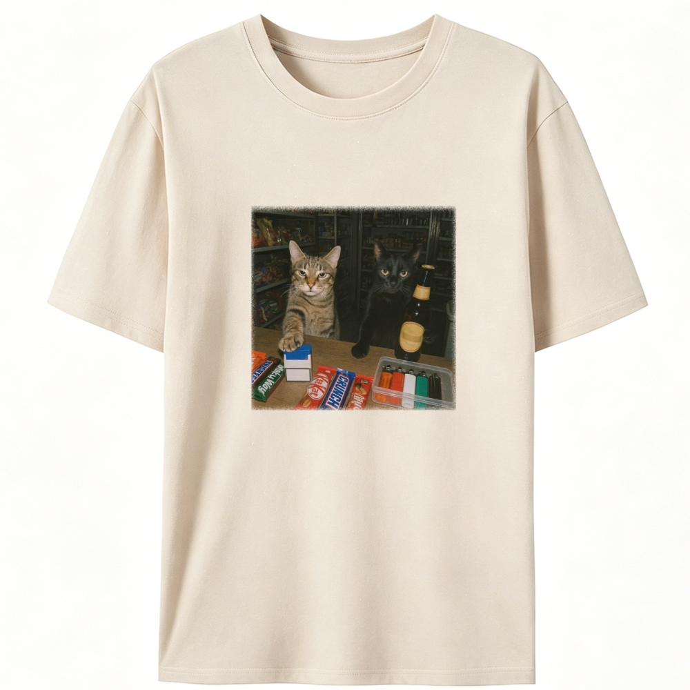 Vintage Mood Cat Illustration Retro Designed for Women - Slim Fit Cotton Tee