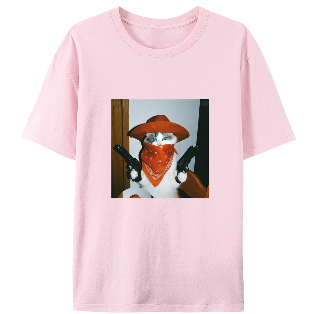 Cowboy Cat With Guns Meme Retro Designed for Women - Slim Fit Cotton Tee